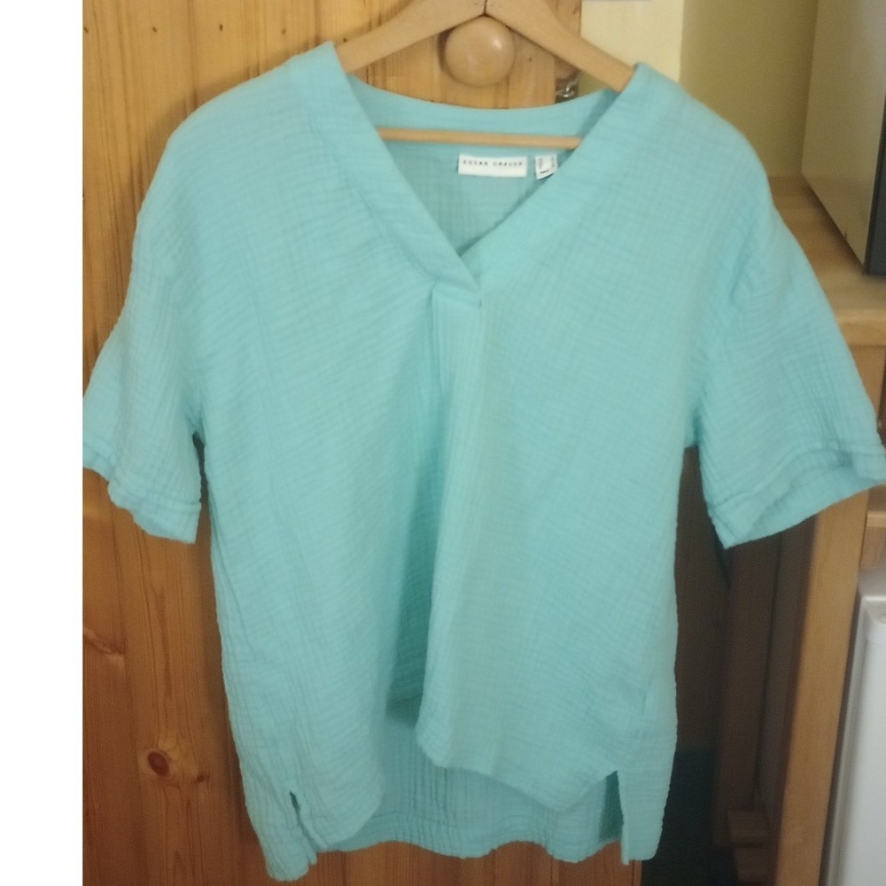 Susan Graver Weekend Cotton Double Gauze V-Neck Top Mint Green Short Sleeve S